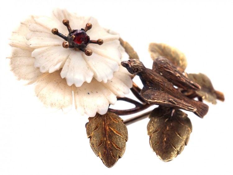 Georgian Two Colour 15ct Gold Botanical Brooch With White Coral Flower & Bird Motif