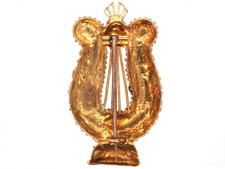 Georgian Two Colour 15ct Gold Lyre Brooch Set With Turquoise & Pink Tourmalines