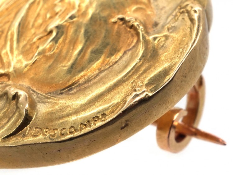 French 18ct Gold Art Nouveau Brooch by J Descamps of a Lady