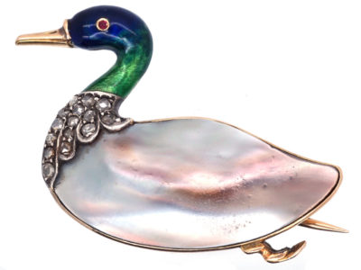 Edwardian Blister Pearl, Enamel & Rose Diamond Duck Brooch