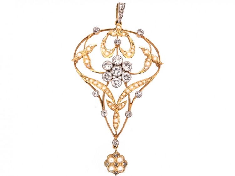 Edwardian 15ct Gold Pendant Set With Diamonds & Natural Split Pearls