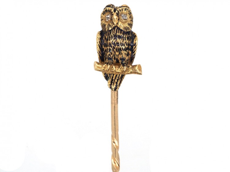 Victorian 18ct Gold Owl Stick Pin with Diamond Eyes