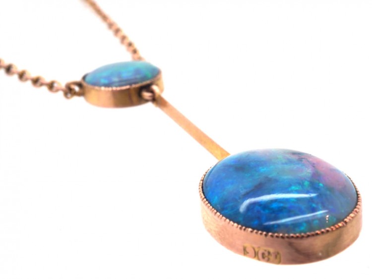 Edwardian 9ct Gold Pendant with Two Black Opal Drops on a 9ct Gold Chain