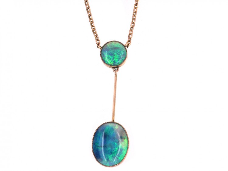 Edwardian 9ct Gold Pendant with Two Black Opal Drops on a 9ct Gold Chain