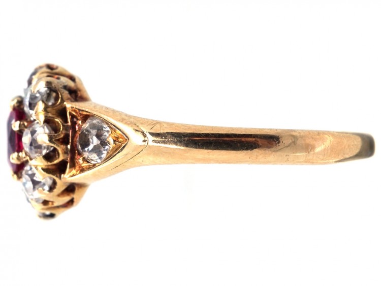 Edwardian 18ct Gold, Ruby & Diamond Cluster Ring With Diamond Shoulders