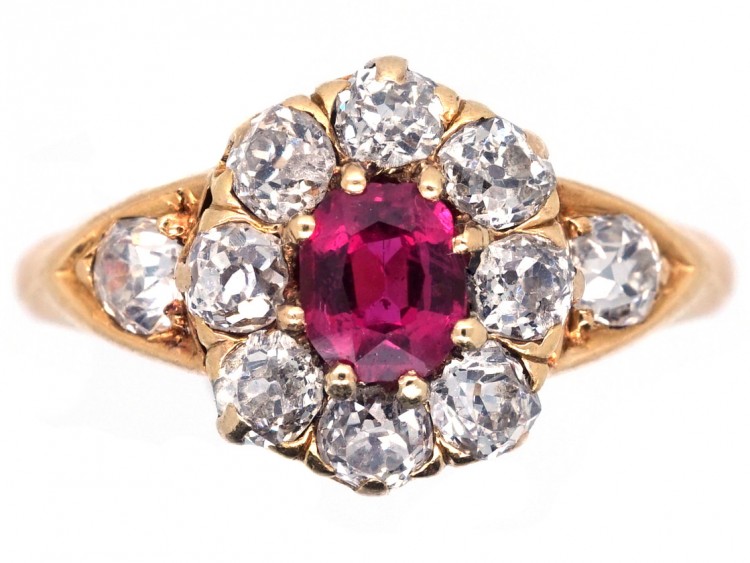 Edwardian 18ct Gold, Ruby & Diamond Cluster Ring With Diamond Shoulders