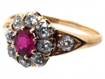 Edwardian 18ct Gold, Ruby & Diamond Cluster Ring With Diamond Shoulders