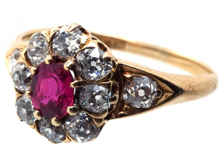 Edwardian 18ct Gold, Ruby & Diamond Cluster Ring With Diamond Shoulders