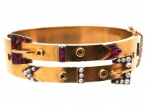 Edwardian 9ct Gold Double Buckle Bangle With Ruby & Natural Split Pearl Detail