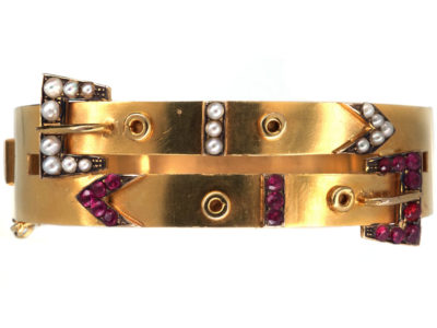 Edwardian 9ct Gold Double Buckle Bangle With Ruby & Natural Split Pearl Detail