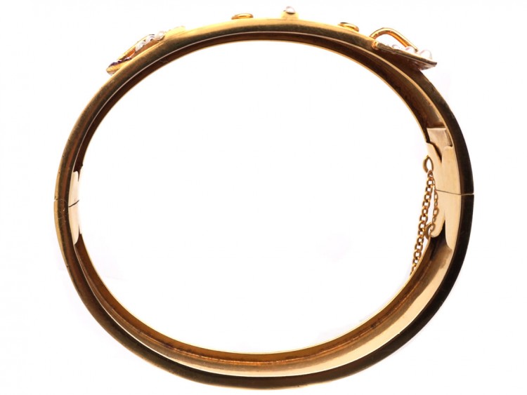 Edwardian 9ct Gold Double Buckle Bangle With Ruby & Natural Split Pearl Detail