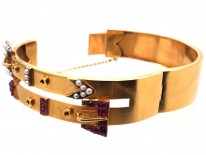 Edwardian 9ct Gold Double Buckle Bangle With Ruby & Natural Split Pearl Detail