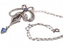 Art Deco Platinum, Sapphire & Diamond Bow Design Pendant on Platinum Chain