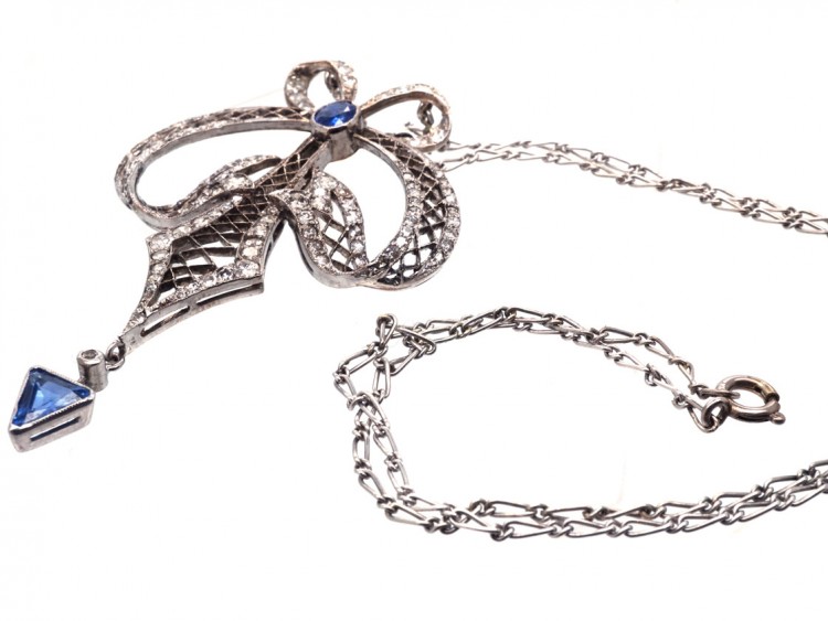 Art Deco Platinum, Sapphire & Diamond Bow Design Pendant on Platinum Chain