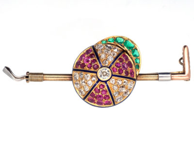 Victorian Emerald, Diamond, Ruby & Enamel Jockey Cap & Whip Brooch