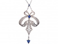 Art Deco Platinum, Sapphire & Diamond Bow Design Pendant on Platinum Chain