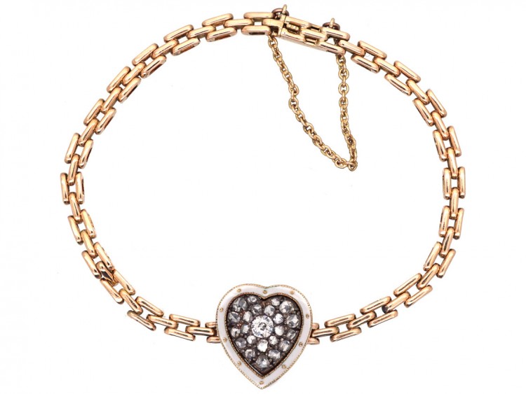 Edwardian 15ct Gold, Enamel & Diamond Heart Bracelet