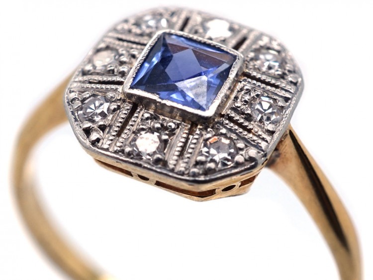 Art Deco 18ct Gold & Platinum, Diamond & Montana Sapphire Octagonal Ring