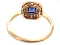 Art Deco 18ct Gold & Platinum, Diamond & Montana Sapphire Octagonal Ring