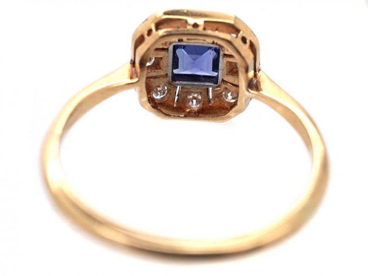 Art Deco 18ct Gold & Platinum, Diamond & Montana Sapphire Octagonal Ring