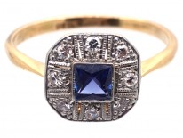 Art Deco 18ct Gold & Platinum, Diamond & Montana Sapphire Octagonal Ring