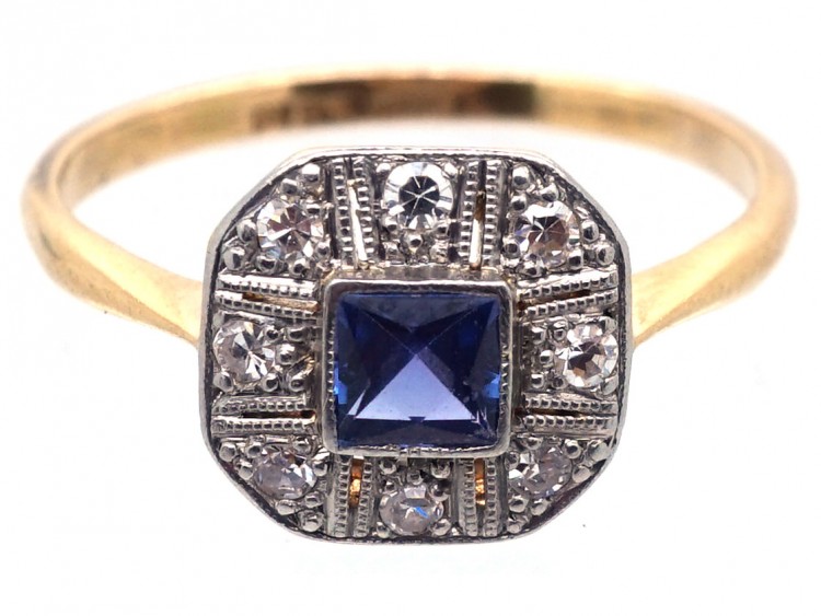 Art Deco 18ct Gold & Platinum, Diamond & Montana Sapphire Octagonal Ring