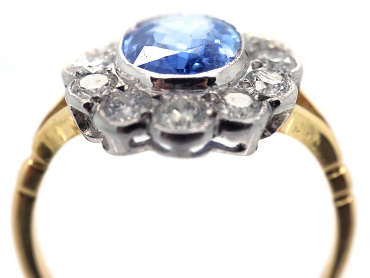 18ct Gold & Platinum, Ceylon Sapphire & Diamond Cluster Ring