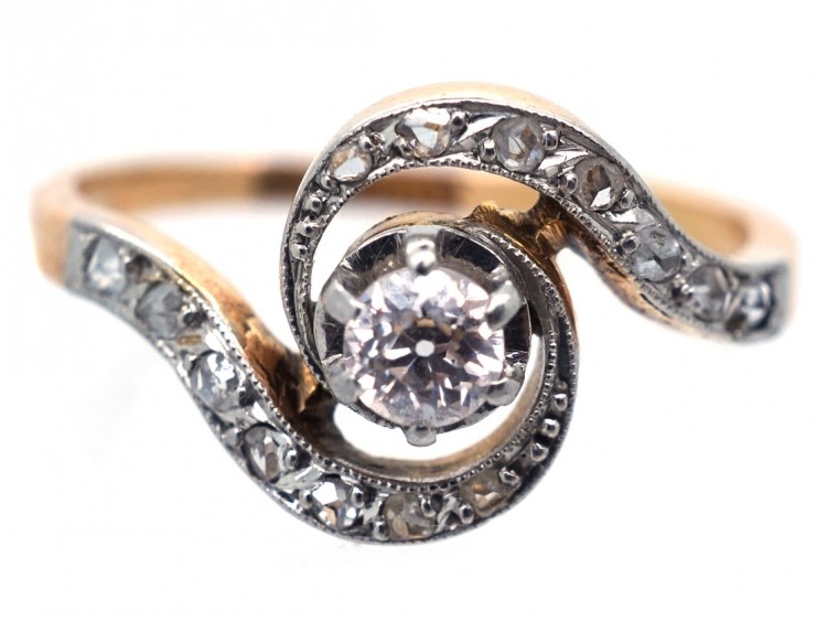 French 18ct Gold & Platinum, Art Nouveau Diamond Swirl Ring