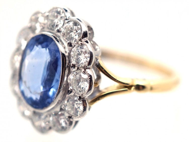 18ct Gold & Platinum, Ceylon Sapphire & Diamond Cluster Ring