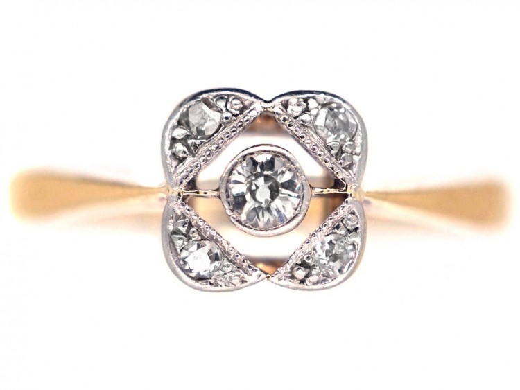 Art Deco 18ct Gold & Platinum Square & Diamond Shaped, Diamond Ring