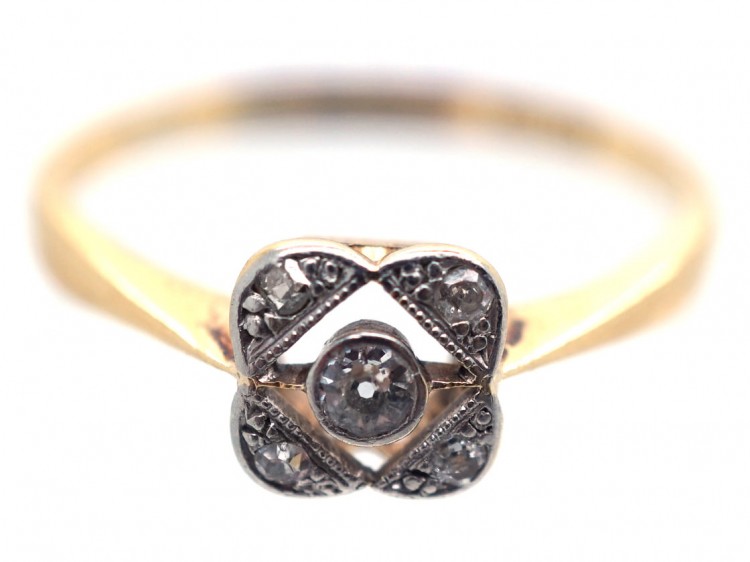 Art Deco 18ct Gold & Platinum Square & Diamond Shaped, Diamond Ring