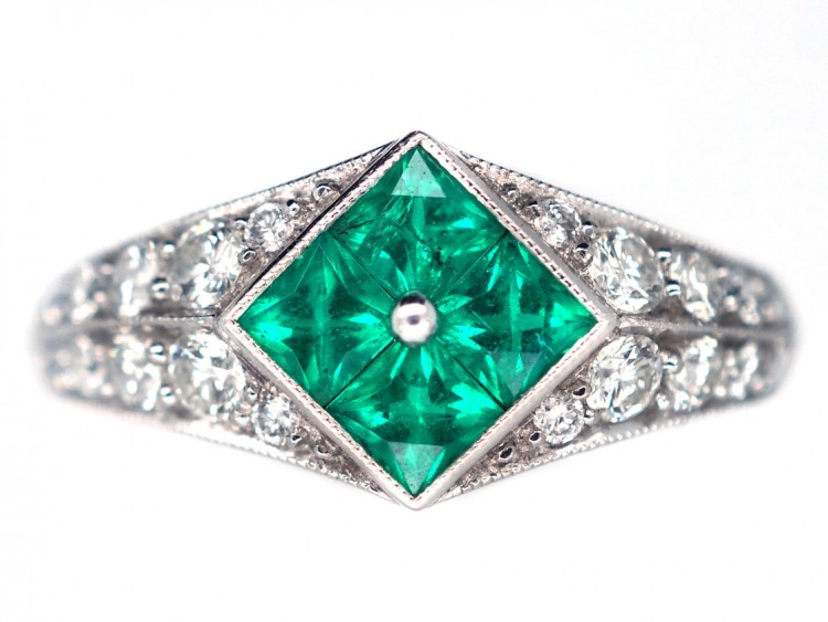 Platinum, Emerald & Diamond, Diamond Shaped Ring