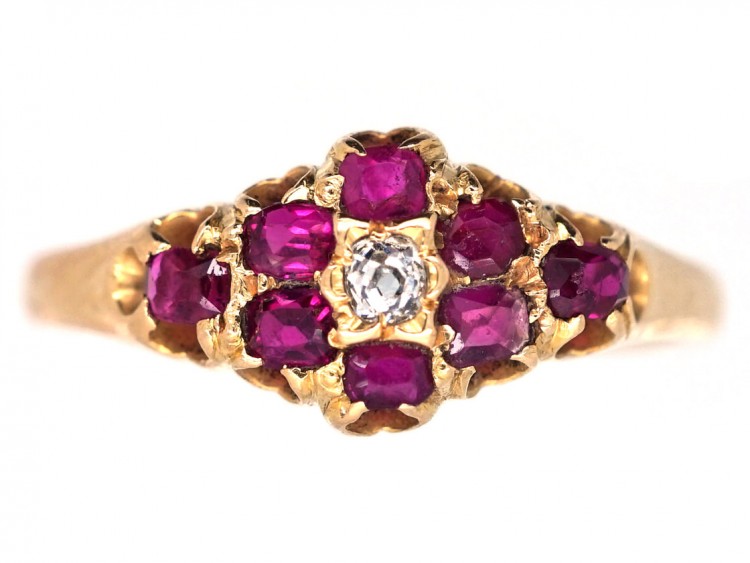Edwardian 18ct Gold, Ruby & Diamond Cluster Ring