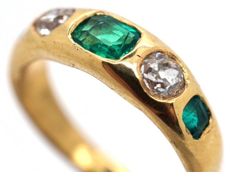Victorian Diamond & Emerald Rub Over Set 18ct Gold Ring