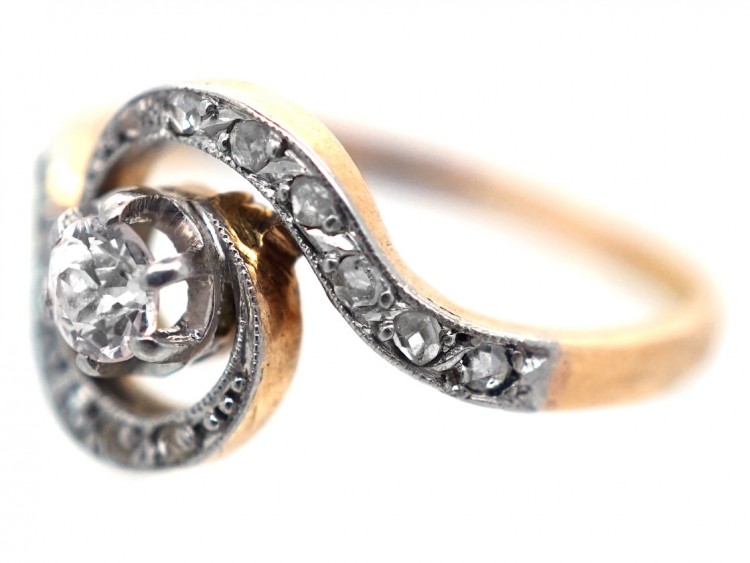 French 18ct Gold & Platinum, Art Nouveau Diamond Swirl Ring