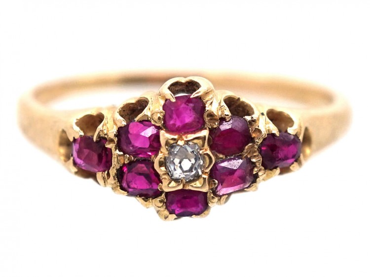 Edwardian 18ct Gold, Ruby & Diamond Cluster Ring