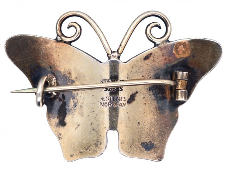 Norwegian Silver & Blue Enamel Butterfly Brooch by Hestenes