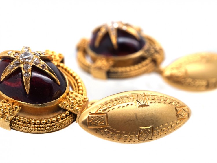 Victorian 18ct Gold Cabochon Garnet ​& Diamond Star Set Cufflinks