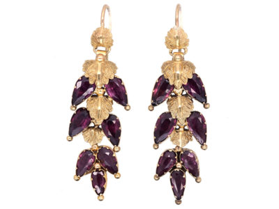 Georgian 15ct Gold & Alamandine Garnet Leaf Drop Earrings