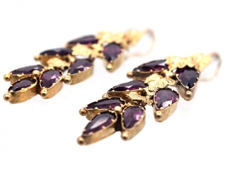 Georgian 15ct Gold & Alamandine Garnet Leaf Drop Earrings