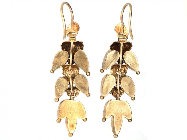 Georgian 15ct Gold & Alamandine Garnet Leaf Drop Earrings