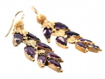 Georgian 15ct Gold & Alamandine Garnet Leaf Drop Earrings