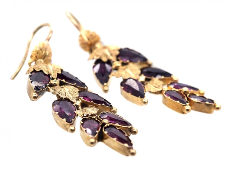 Georgian 15ct Gold & Alamandine Garnet Leaf Drop Earrings