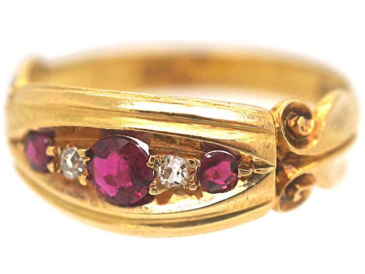 Edwardian 18ct Gold, Ruby and Diamond Boat Shaped Scroll Design Ring