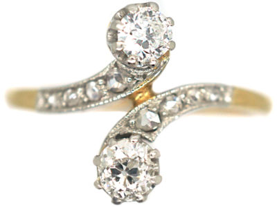 Art Nouveau 18ct Gold & Platinum, Two Stone Diamond Crossover Ring