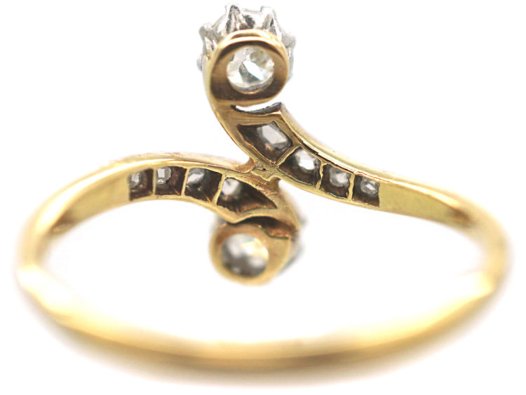Art Nouveau 18ct Gold & Platinum, Two Stone Diamond Crossover Ring