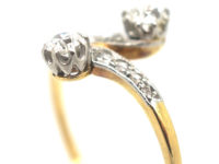 Art Nouveau 18ct Gold & Platinum, Two Stone Diamond Crossover Ring