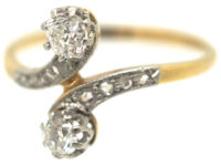Art Nouveau 18ct Gold & Platinum, Two Stone Diamond Crossover Ring