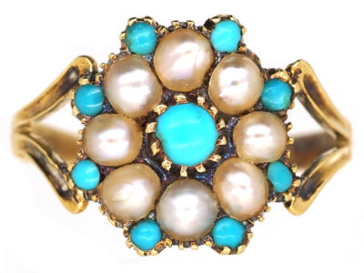 Georgian 15ct Gold, Turquoise ​& Natural Split Pearl Cluster Ring