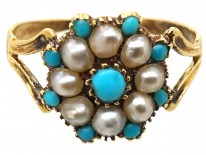 Georgian 15ct Gold, Turquoise ​& Natural Split Pearl Cluster Ring